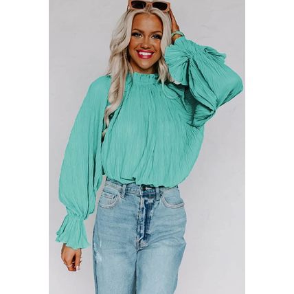 Green Striking Pleated Flared Cuff Long Sleeve Blouse