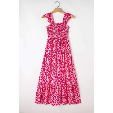 Pink Leopard Ruffle Straps Smocked High Waist Long Dress