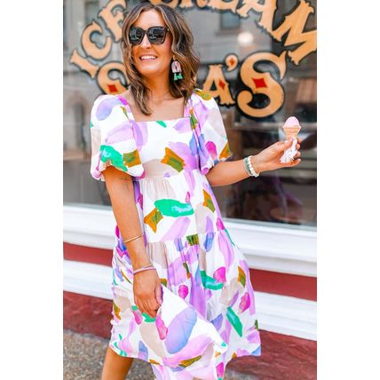 Purple Abstract Print Puff Sleeve Smocked Back Midi Dress
