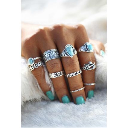 Dark Green Vintage Turquoise Decor 10Pcs Rings Set