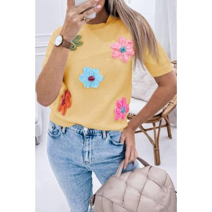 Yellow Cream Cute Flower Applique Short Sleeve Sweater