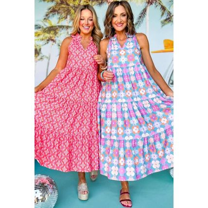 Sky Blue Floral Print Frilly Neck Sleeveless Tiered Maxi Dress