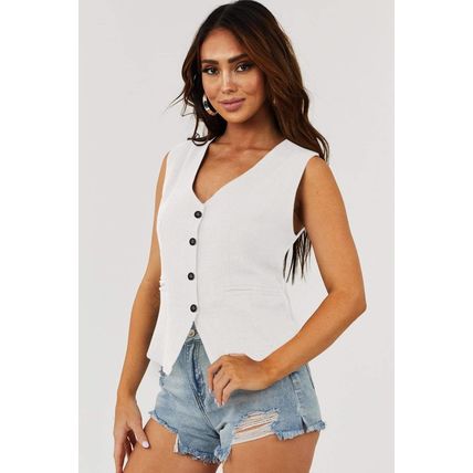 White Solid Color Button up V Neck Suit Vest