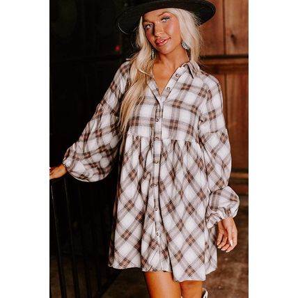 White Plaid Bubble Sleeve Flowy Shirt Dress