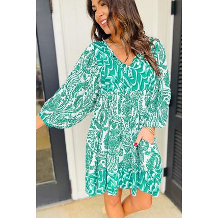 Green Bohemian Print Puff Sleeve Tied V Neck Flared Mini Dress