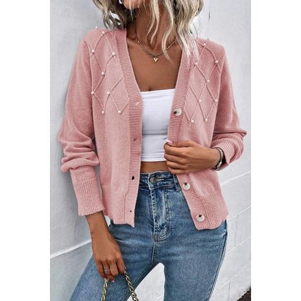 Sepia Rose Textured Knit Pearl Beaded Button Up Cardigan