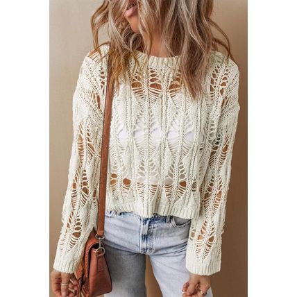 White Cut Out Crochet Crew Neck Loose Fit Sweater