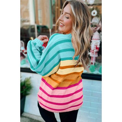 Yellow Stripe Gradient Striped Ribbed Edge Loose Sweater