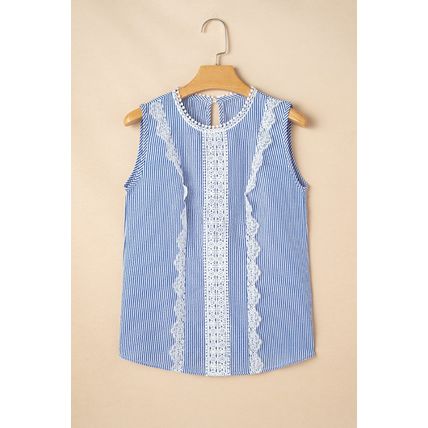 Sky Blue Stripe Lace Patchwork Crew Neck Tank Top
