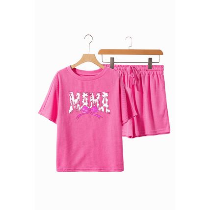 Rose Red Waffle Sequin Floral MAMA Bow Graphic Tee Shorts Set