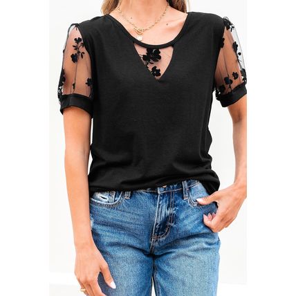 Black Flora Lace Patchwork Crew Neck T Shirt