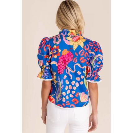 Blue Abstract Print Frilled Collar Ruffled Puff Short Sleeve Top
