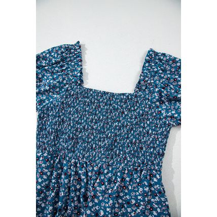 Blue Vintage Boho Floral Smocked Short Puff Sleeve Wide Leg Jumpsuit