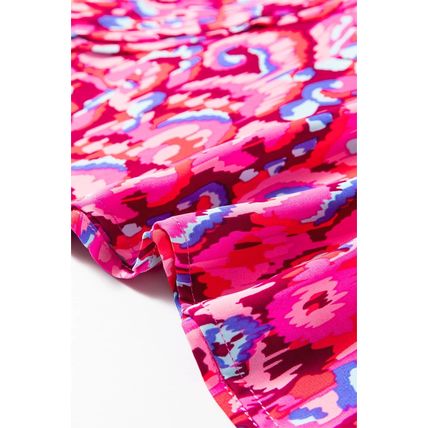 Pink Abstract Print V Neck Half Sleeve Loose Fit Tunic Blouse