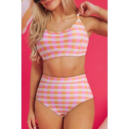 Pink 3pcs Gingham High Waist Bikini & Sarong