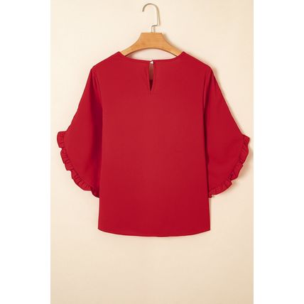 Fiery Red Ruffle Trimmed 3/4 Sleeve Round Neck Blouse