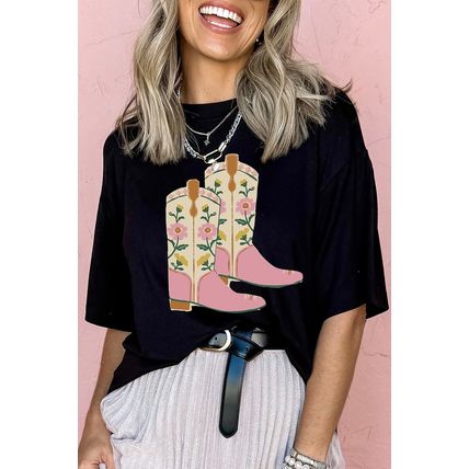 Black Floral Cowgirl Boots Cotton Blend T Shirt