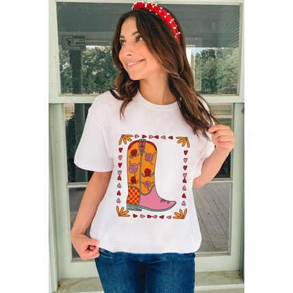 White Floral Cowgirl Boots Printed Casual T Shirt