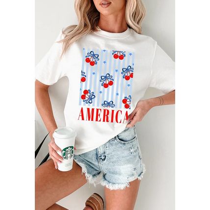 White Bow Cherry AMERICA Graphic Crewneck Patriotic T Shirt