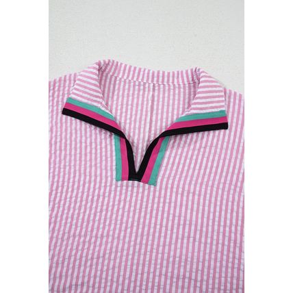 Sachet Pink Striped Print Contrast Split Neck Dolman Sleeve Blouse