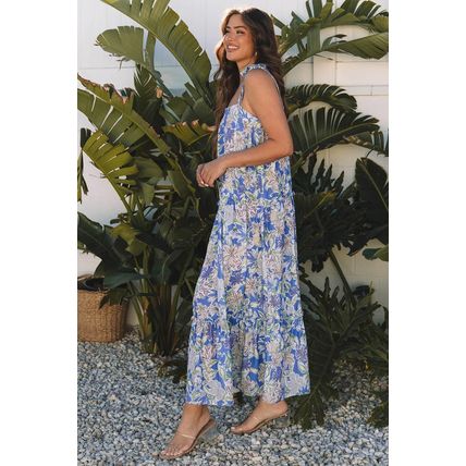 Sky Blue Floral Print Self-tie Straps Flowy Ruffle Long Dress