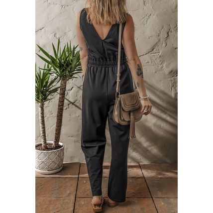 Black Wrap V Neck Sleeveless High Waist Jumpsuit