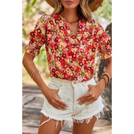 Red Floral Bubble Sleeve Pleated V Neck Wrap Blouse