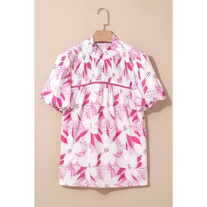 Rose Floral Frilled Collar Short Sleeve Blouse Top