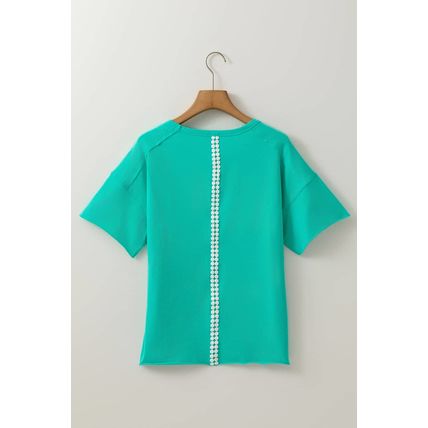 Sea Green Lace Bow Raw Edge Drop Shoulder Casual T Shirt