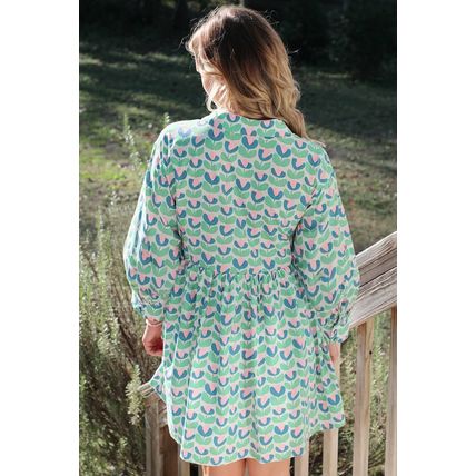 Green Floral Print Notched Neck Scalloped Detail Long Sleeve Mini Dress