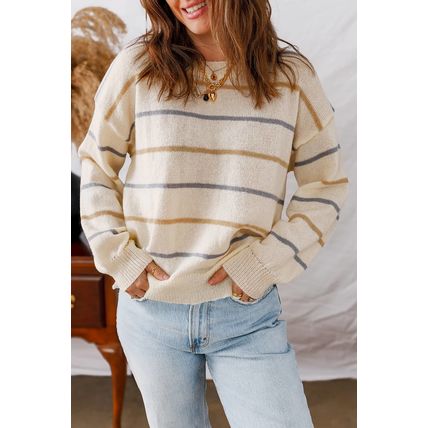 Multicolour Striped Ribbed Edge Drop Shoulder Sweater