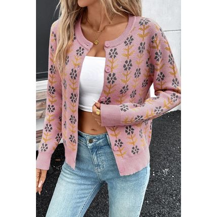 Pink Floral Button Down Ribbed Banded Cardigan Sweater