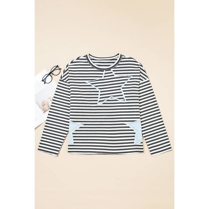 Gray Stripe Starry Patch Drop Shoulder Raw Edge Casual Knit Top