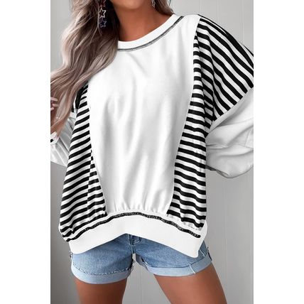 White Stripe Colorblock Patchwork Contrast Stitching Oversize Sweatshirt