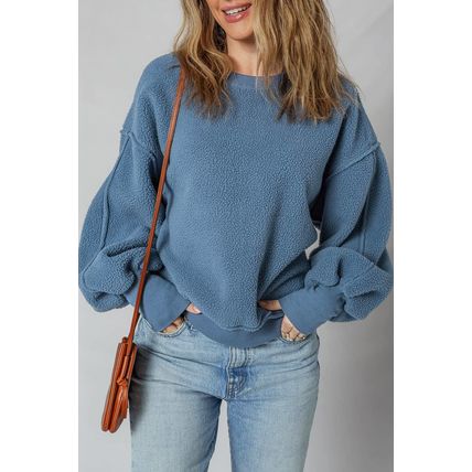 Sail Blue Fleece Drop Shoulder Exposed Seam Patchwork Casual Sweatshirt
