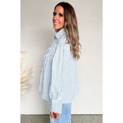 Sky Blue Stripe Shirred Detail Half Placket Collared Long Sleeve Fall Shirt