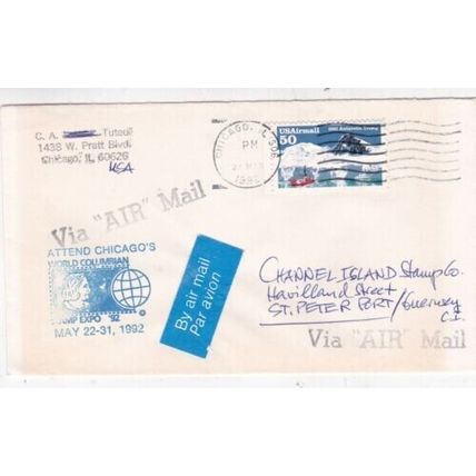 United States 1992 Chicago IL-St Peter Port Guernsey cover Columbian Stamp Expo