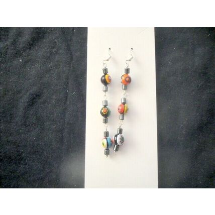 Extraordinary long Hematite & large millefiori style swing hook earring