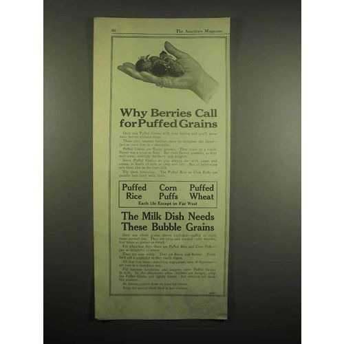 1918 Quaker Cereal Ad - Puffed Rice, Wheat, Corn Puffs - Berries Call For