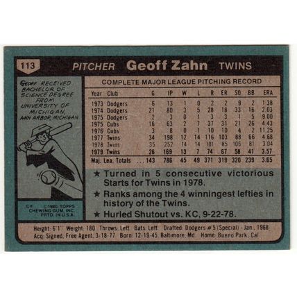 1980 Topps baseball card 113 Geoff Zahn - Twins