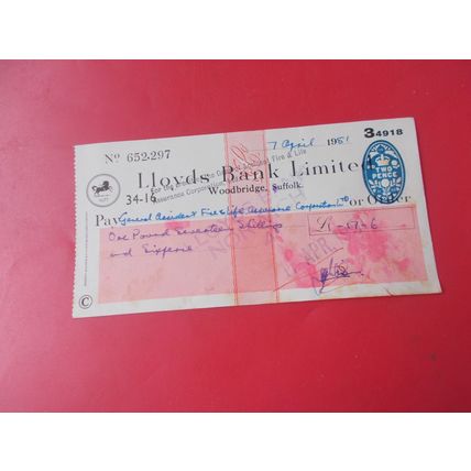 LLOYDS /CHEQUE USED 7th APRIL 1951 (23/12)