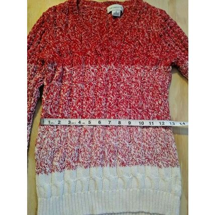 Liz Claiborne Red White Sweater V Neck Marled Cable Knit Cotton Blend Small
