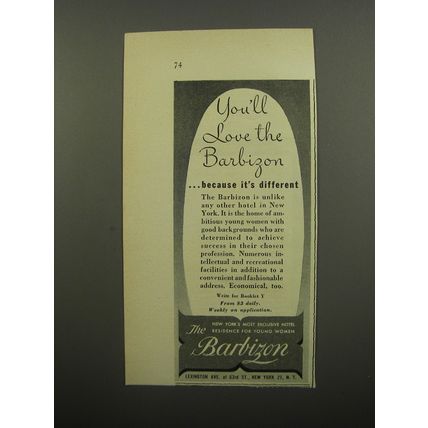 1951 The Barbizon Hotel Ad - You'll love the Barbizon ..because it's different