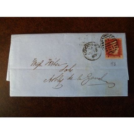 1865 GB QV 1d Red stamp LN Plate 93 entire Fisher Solicitors Ashby de la Zouch