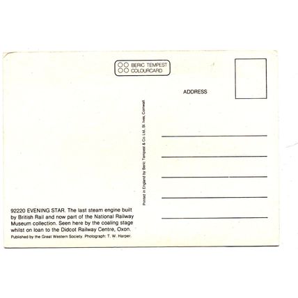 92220 Evening Star - Postally Unused - Great Western Society Postcard