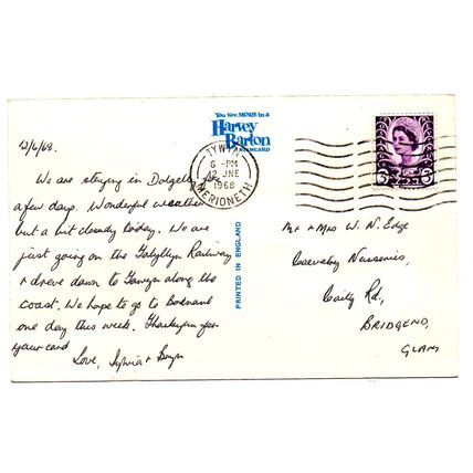 Tal-y-Llyn, North Wales - Postally Used - 1968 Postmark - Harvey Barton