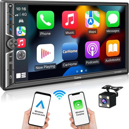 Upgrade Wireless] 7" Double Din Car Radio with Wireless Apple Carplay and Andro