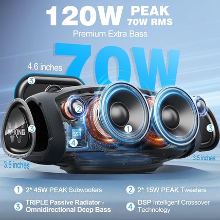 W-KING Portable Loud Speakers Bluetooth Wireless, 120W Max IPX6 Waterproof Outdo
