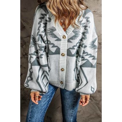Light Grey Geometric Pattern Ribbed Trim Button-Up Cardigan