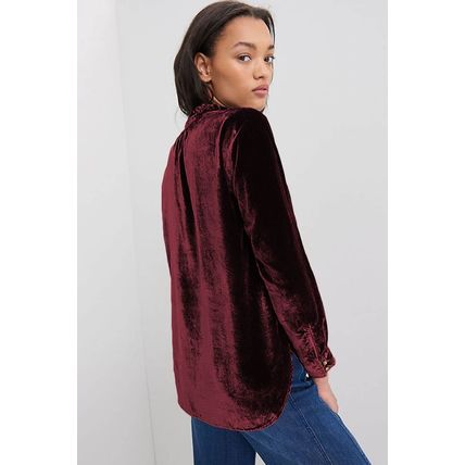 Biking Red Frilled Neck Buttoned Front Velvet Top